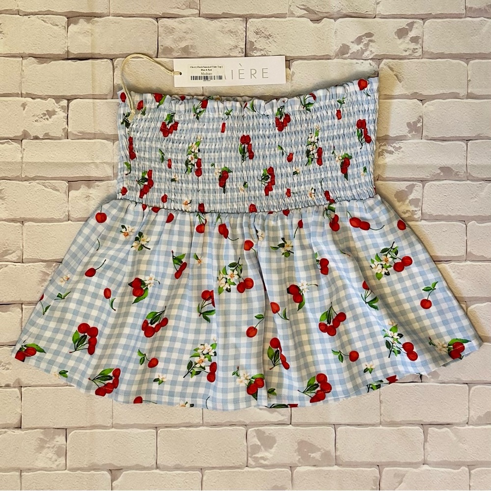 Lumiere Blue Gingham Smocked Tube Top with Red Cherry Print Woman Size M - Picture 2 of 4